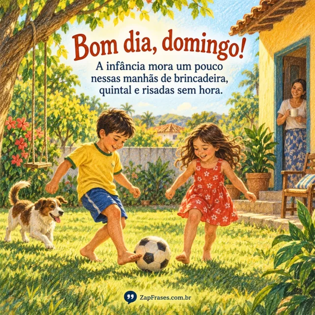 Duas crianças brincam com bola no quintal ensolarado, adulto observa ao fundo, manhã de domingo em casa brasileira. Arte com mensagem de bom dia, domingo.