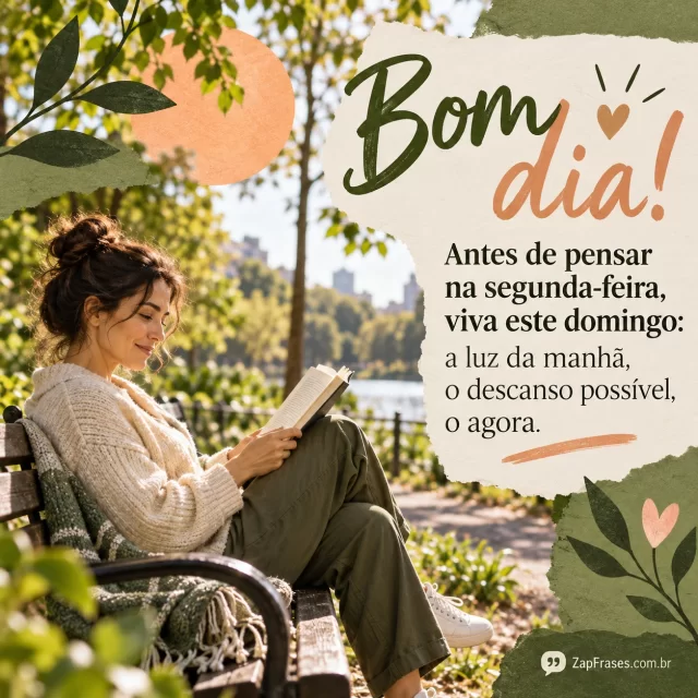 Pessoa adulta lendo no banco de uma praça pela manhã com celular guardado, flores e luz natural. Arte com mensagem de bom dia, domingo.