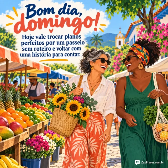 Duas amigas adultas passeando numa feira de bairro no domingo de manhã, frutas, barracas e movimento alegre. Arte com mensagem de bom dia, domingo.