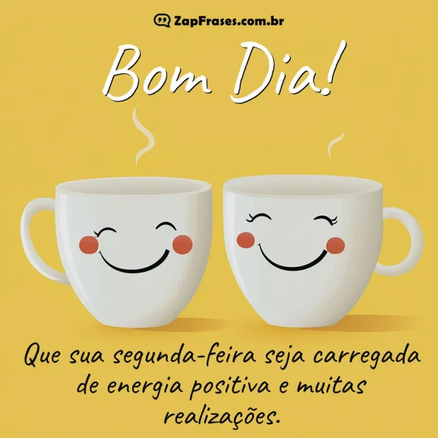 Imagem alegre de bom dia com canecas sorridentes e mensagem motivadora para começar bem a segunda-feira