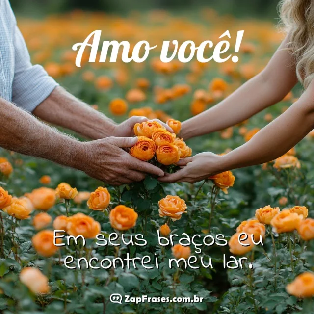 Campo de rosas alaranjadas com mãos oferecendo amor com buquê ao fundo.