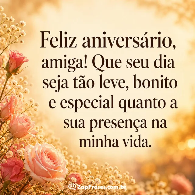 Mensagem de aniversário sobre fundo floral com rosas e gypsophilas