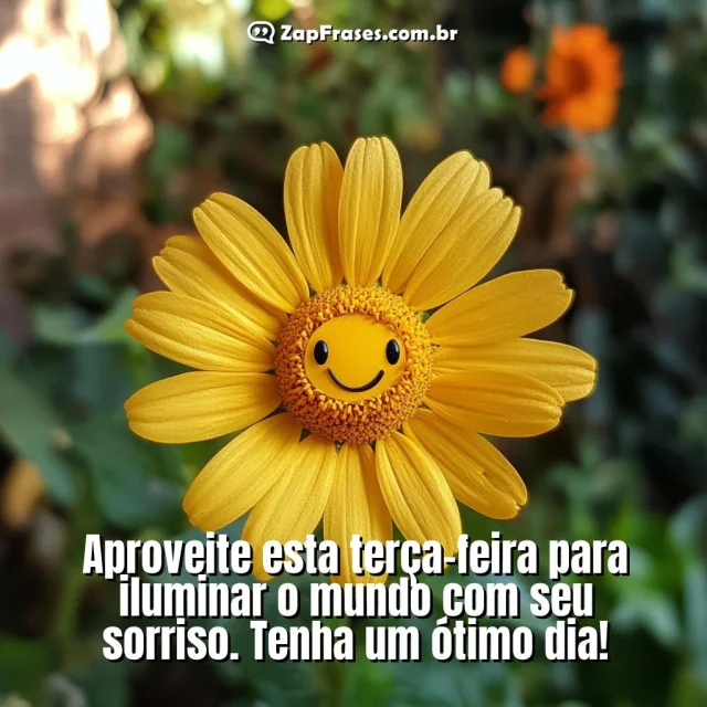 Flor amarela com rosto sorridente e mensagem positiva para terça-feira