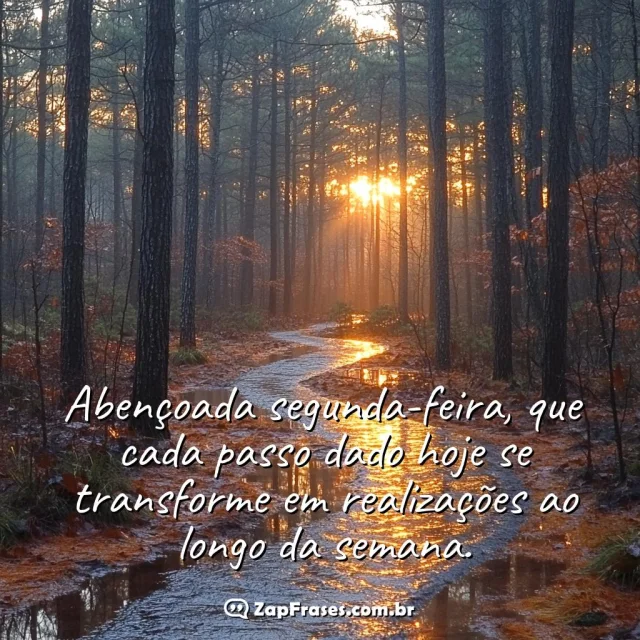 Imagem de floresta ao amanhecer com a mensagem: Abençoada segunda-feira, que cada passo dado hoje se transforme em realizações ao longo da semana.