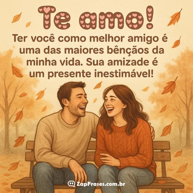 Amigos sorrindo em um parque no outono com a frase inspiradora de amizade.