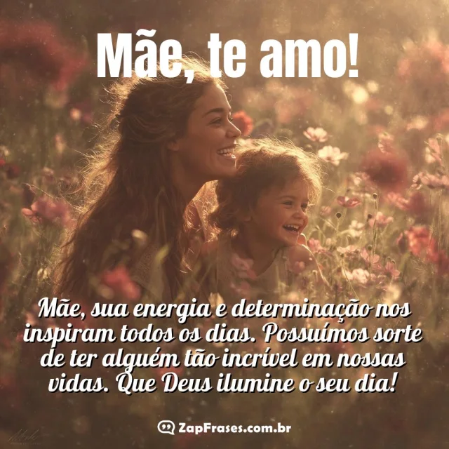 Cena de carinho e amor entre mãe e filho em um campo florido, destacando uma mensagem de gratidão materna.