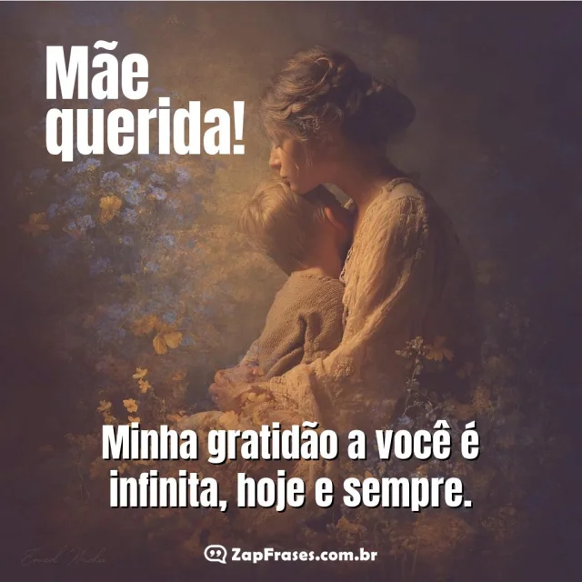 Silhueta de mãe e criança em abraço carinhoso, com flores e cores suaves, mensagem de gratidão para Dia das Mães.