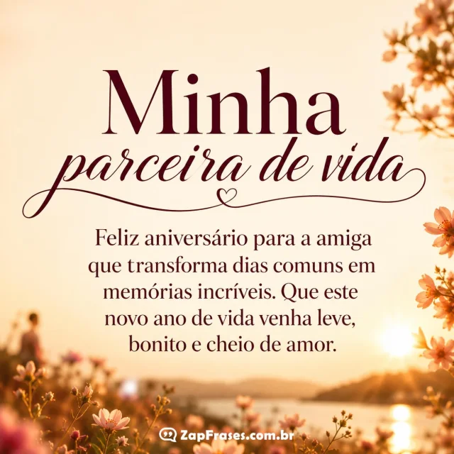Imagem de aniversário para amiga com cenário natural ao entardecer e mensagem de amor