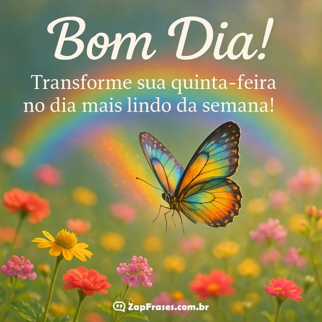Borboleta colorida em campo de flores com arco-íris ao fundo e mensagem inspiradora de bom dia