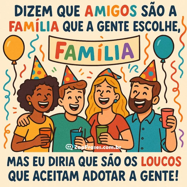 Ilustração colorida de amizade e celebração com frase sobre amigos
