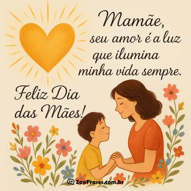 Ilustração de mãe e filho com coração e flores, Dia das Mães