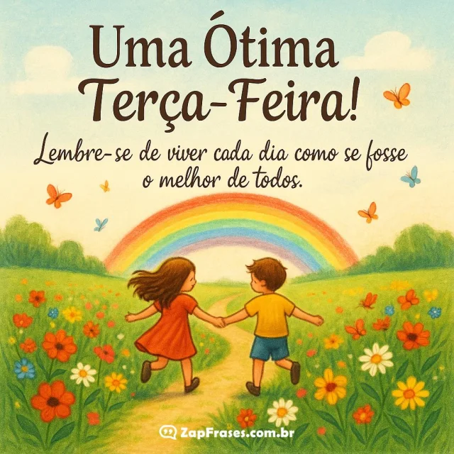 Mensagem de uma ótima terça-feira com cenário alegre de arco-íris e crianças felizes