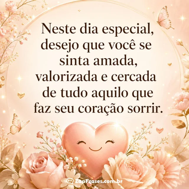 Imagem de mensagem de aniversário para amiga com flores e coração sorridente