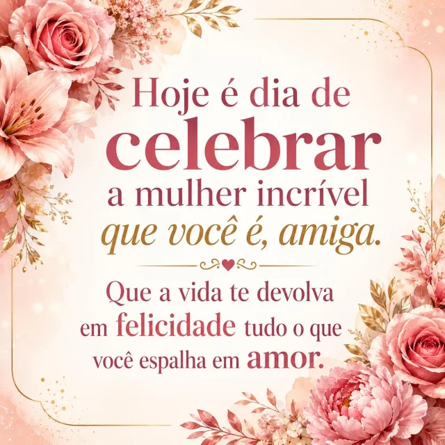 Mensagem de aniversário para amiga com flores, amor e celebração.