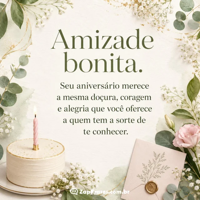 Imagem de aniversário com bolo e flores com mensagem para amiga