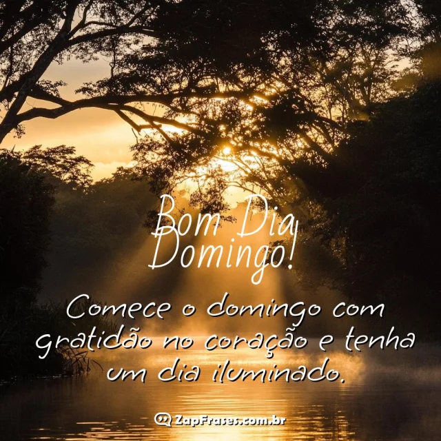 Imagem de um amanhecer tranquilo com a frase: Bom Dia Domingo! Comece o domingo com gratidão no coração e tenha um dia iluminado.