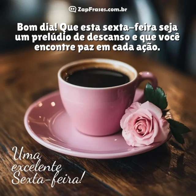 Xícara rosa com café, ao lado de uma rosa sobre pires, em madeira escura com mensagem de bom dia.