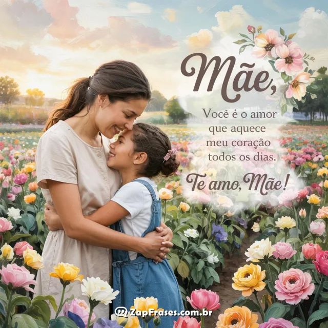 Imagem de mãe e filha abraçadas em campo florido com mensagem de amor e gratidão
