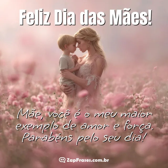 Cena amorosa de mãe e filho em campo florido com mensagem de Dia das Mães.