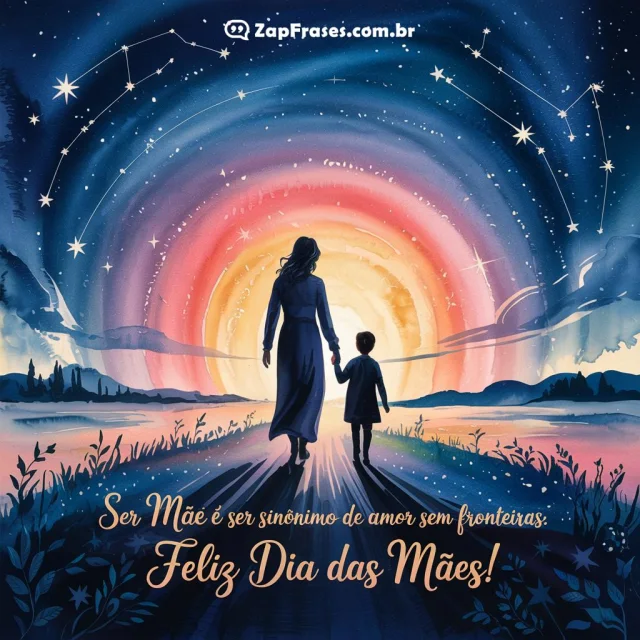 Cena poética de mãe e criança no horizonte com frase de amor para o Dia das Mães
