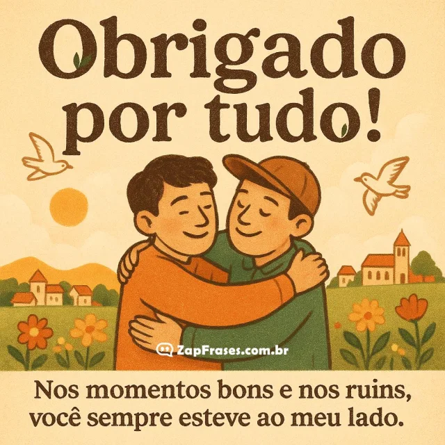 Mensagem de amizade com design vintage: dois amigos abraçados em cenário campestre.