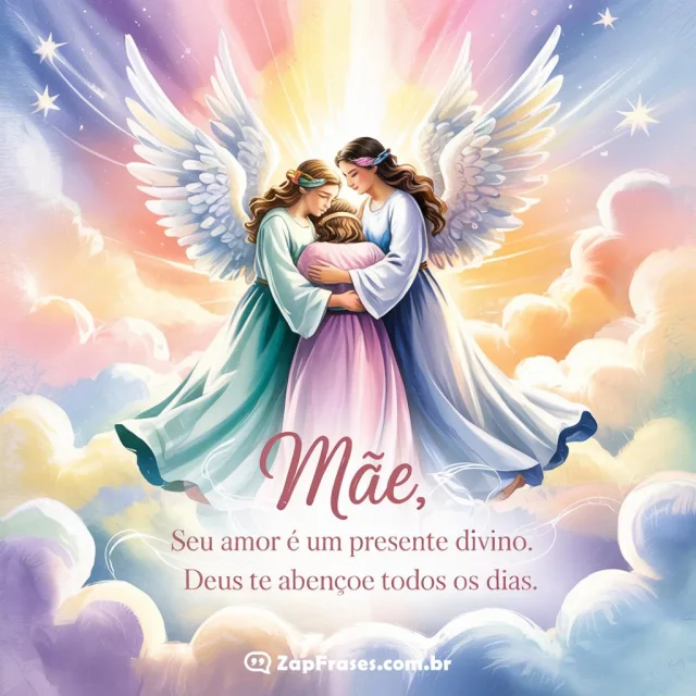 Cena celestial com anjos abençoando a figura maternal ao centro