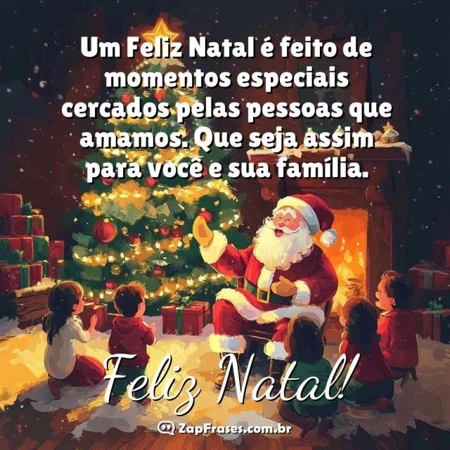 Cena mágica de Natal com Papai Noel e crianças rodeados de alegria.