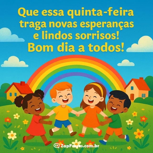 Mensagem de bom dia com arco-íris e crianças dançando
