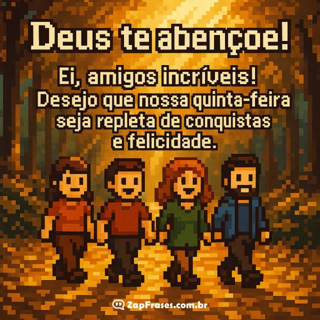 Mensagem inspiradora de quinta-feira com personagens pixelados em floresta