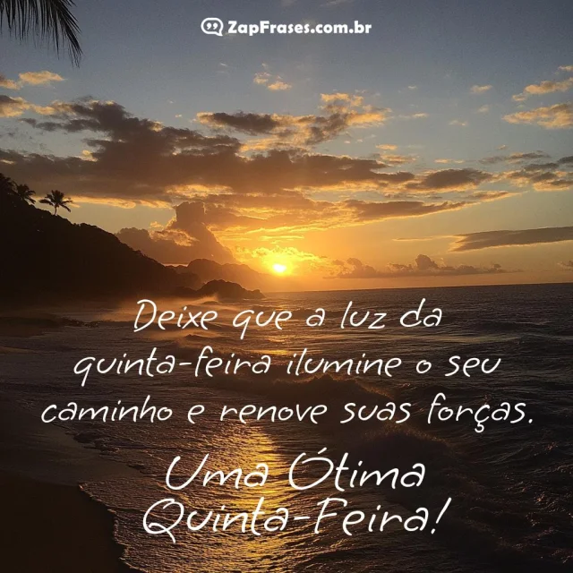 Paisagem de praia ao amanhecer com mensagem inspiradora para quinta-feira