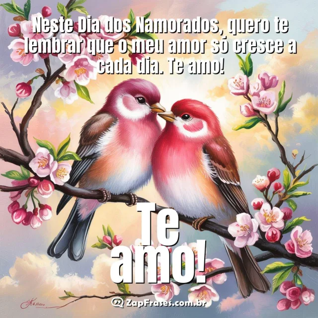 Ilustração romântica com pássaros e cerejeiras, mensagem de amor para o Dia dos Namorados