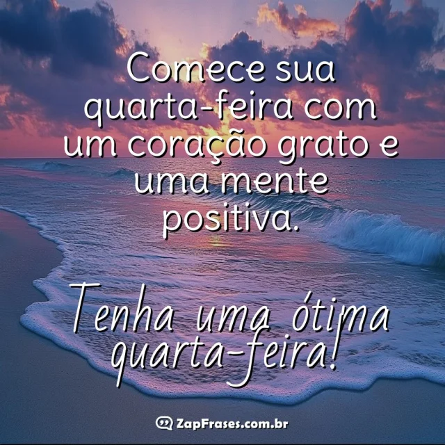 Paisagem de praia ao nascer do sol com mensagem inspiradora para quarta-feira