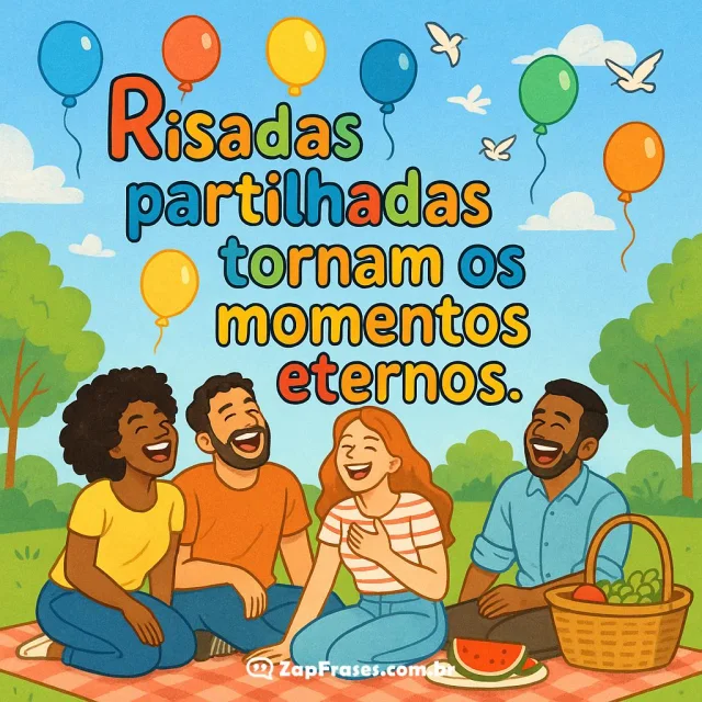 Quatro amigos em piquenique, sorrindo e partilhando bons momentos.