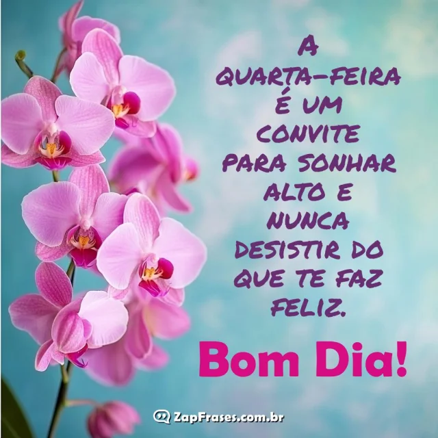 Mensagem de bom dia com orquídeas em fundo azul para inspirar sua quarta-feira