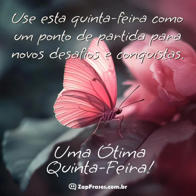 Imagem motivacional de quinta-feira com borboleta e flores, inspirando novos desafios e conquistas