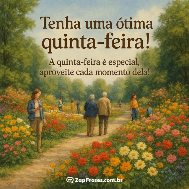 Jardim florido sob céu azul com mensagem inspiradora de quinta-feira
