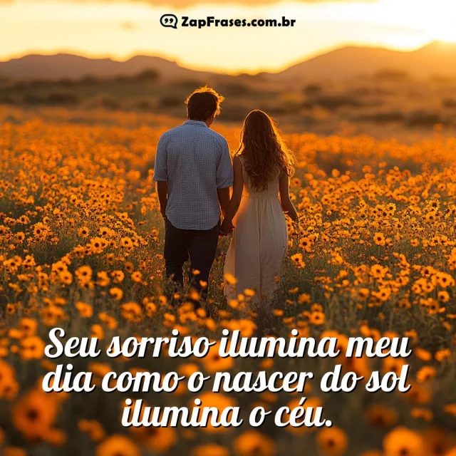 Casal romântico ao pôr do sol com frase sobre sorriso e amor
