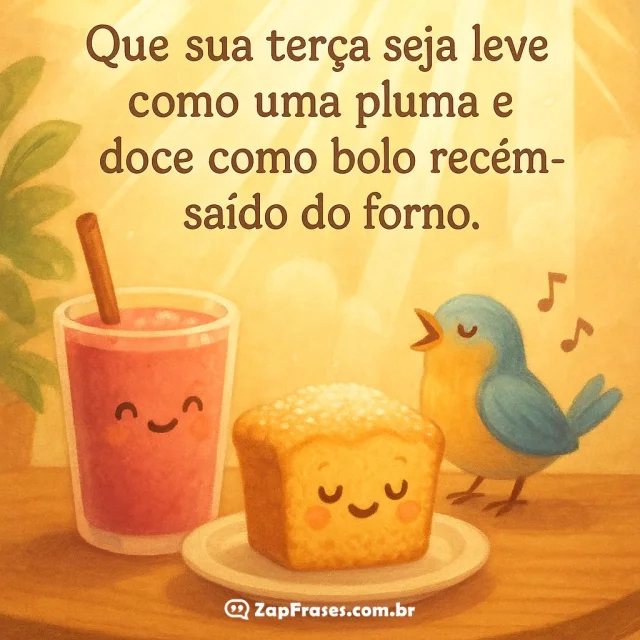 Frase motivacional sobre uma terça leve e doce em uma imagem colorida com smoothie e bolo sorridentes.