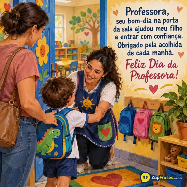 Professora de educação infantil acolhe criança e responsável na porta da sala de aula. Arte com a mensagem: Professora, seu bom-dia na porta da sala ajudou meu filho a entrar com confiança. Obrigado pela acolhida de cada manhã. Feliz Dia da Professora!