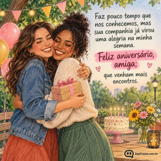 Duas amigas adultas recém-aproximadas trocando abraço e pequeno presente numa praça com decoração leve de aniversário. Arte com a mensagem: Faz pouco tempo que nos conhecemos, mas sua companhia já virou uma alegria na minha semana. Feliz aniversário, amiga; que venham mais encontros.
