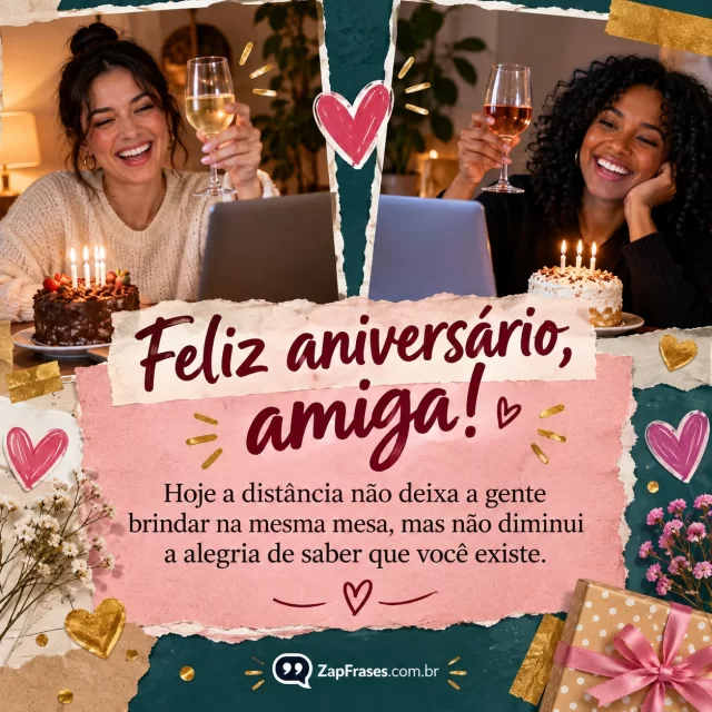 Duas amigas adultas em cidades diferentes fazendo videochamada e erguendo taças diante de pequenos bolos de aniversário. Arte com a mensagem: Feliz aniversário, amiga! Hoje a distância não deixa a gente brindar na mesma mesa, mas não diminui a alegria de saber que você existe.