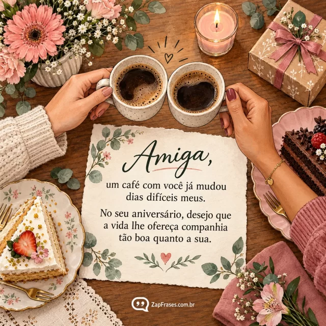 Vista de cima de duas amigas adultas brindando com xícaras de café, fatias de bolo e vela de aniversário na mesa. Arte com a mensagem: Amiga, um café com você já mudou dias difíceis meus. No seu aniversário, desejo que a vida lhe ofereça companhia tão boa quanto a sua.