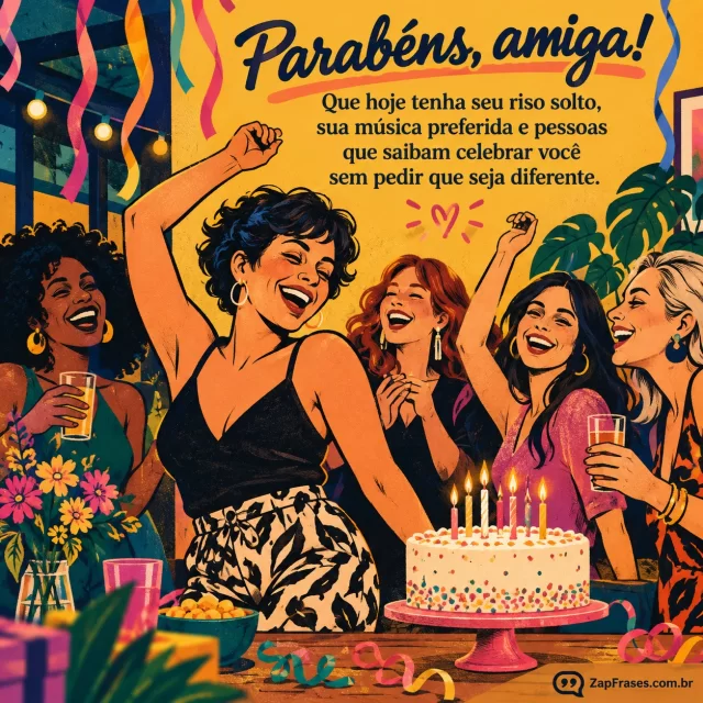 Mulher adulta dançando espontaneamente em festa pequena de aniversário com amigas, bolo e fitas coloridas. Arte com a mensagem: Parabéns, amiga! Que hoje tenha seu riso solto, sua música preferida e pessoas que saibam celebrar você sem pedir que seja diferente.