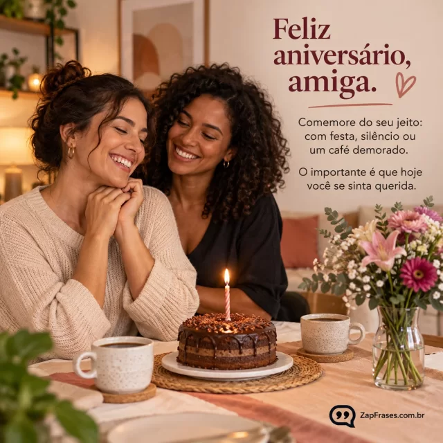Mulher adulta apreciando pequena celebração íntima de aniversário com amiga, café, bolo e flores em apartamento sereno. Arte com a mensagem: Feliz aniversário, amiga. Comemore do seu jeito: com festa, silêncio ou um café demorado. O importante é que hoje você se sinta querida.