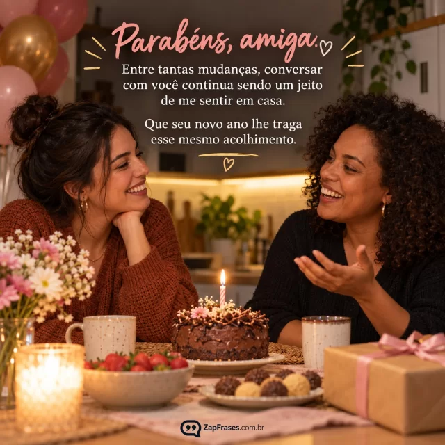 Duas amigas adultas conversando à mesa de cozinha durante pequena comemoração de aniversário com bolo e vela acesa. Arte com a mensagem: Parabéns, amiga. Entre tantas mudanças, conversar com você continua sendo um jeito de me sentir em casa. Que seu novo ano lhe traga esse mesmo acolhimento.