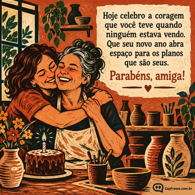 Duas amigas adultas celebrando conquista e aniversário em ateliê pessoal, bolo pequeno, caderno de projetos fechado e abraço. Arte com a mensagem: Hoje celebro a coragem que você teve quando ninguém estava vendo. Que seu novo ano abra espaço para os planos que são seus. Parabéns, amiga!