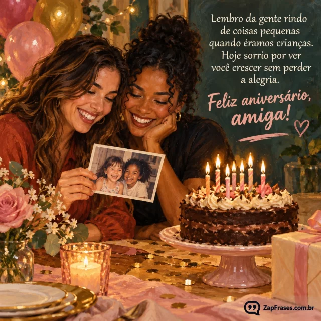 Duas amigas adultas olhando juntas fotografia antiga de infância ao lado de bolo de aniversário sobre mesa festiva. Arte com a mensagem: Lembro da gente rindo de coisas pequenas quando éramos crianças. Hoje sorrio por ver você crescer sem perder a alegria. Feliz aniversário, amiga!
