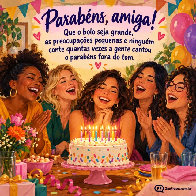 Grupo diverso de amigos adultos rindo enquanto canta parabéns diante de bolo de aniversário com velas acesas. Arte com a mensagem: Parabéns, amiga! Que o bolo seja grande, as preocupações pequenas e ninguém conte quantas vezes a gente cantou o parabéns fora do tom.