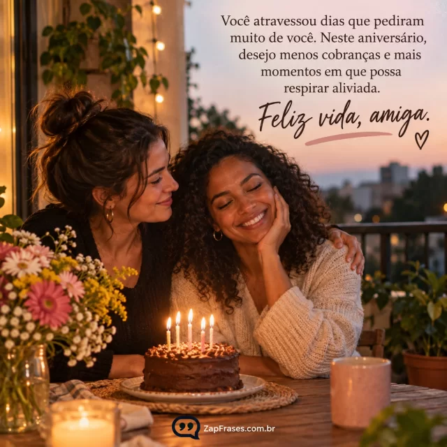 Duas amigas adultas sentadas lado a lado em varanda com bolo pequeno de aniversário e flores, uma oferece apoio à outra. Arte com a mensagem: Você atravessou dias que pediram muito de você. Neste aniversário, desejo menos cobranças e mais momentos em que possa respirar aliviada. Feliz vida, amiga.