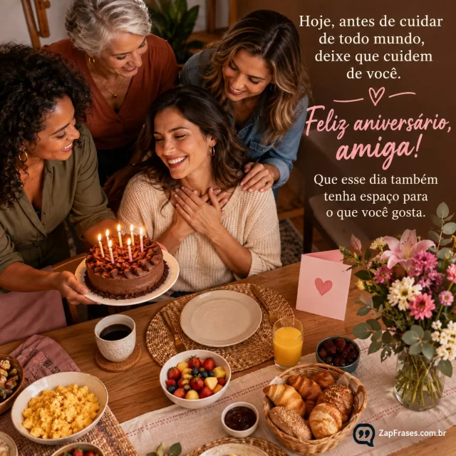 Amiga adulta recebe café da manhã de aniversário preparado por outras amigas, bolo e cartão sem texto visível, gesto de cuidado. Arte com a mensagem: Hoje, antes de cuidar de todo mundo, deixe que cuidem de você. Feliz aniversário, amiga! Que esse dia também tenha espaço para o que você gosta.